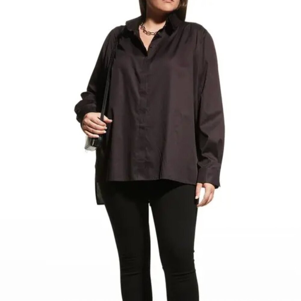 Harshman Pearl Tunic Black Button-Up Blouse High Low Cotton Neutral Casual Large